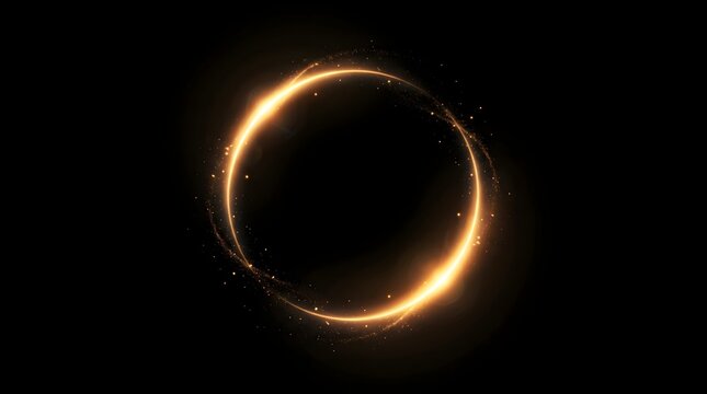 Abstract golden glowing ring with sparkling particles and light flares isolated on black background