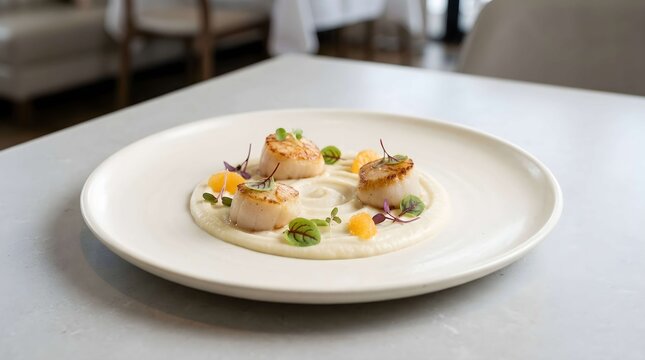 Pan-Seared Scallops Served on Creamy Puree with Citrus and Microgreens
