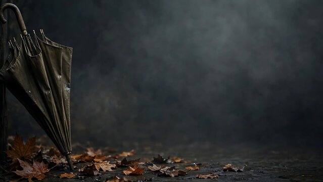 Closed umbrella with wet autumn leaves on dark misty ground