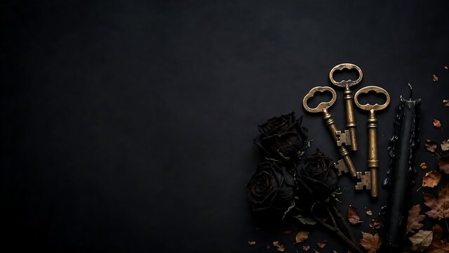Vintage skeleton keys with black roses and autumn leaves on dark background