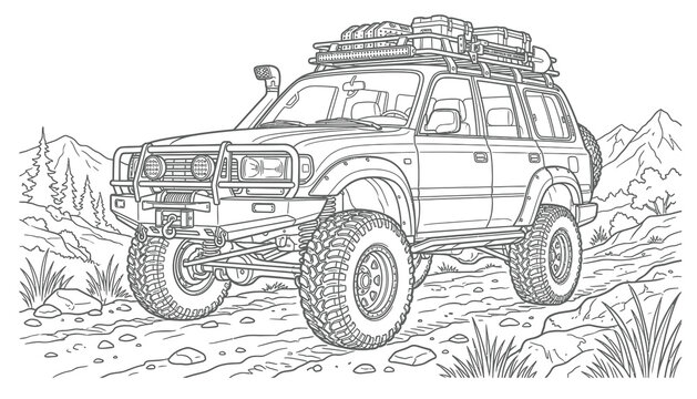 Off-road 4x4 vehicle coloring page line art, adventure overland truck illustration, mountain road safari SUV vector design
