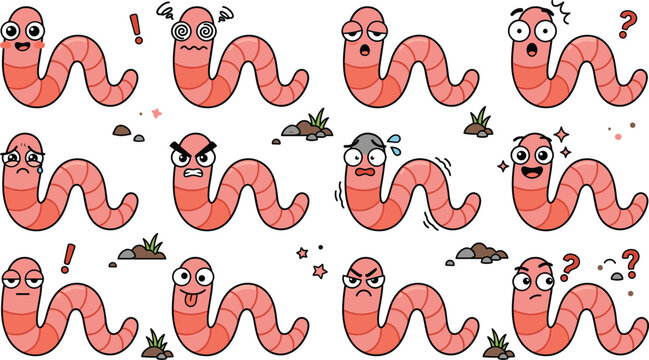 Cute Cartoon Worm Emoji Vector Set with Various Facial Expressions and Emotions for Children Sticker Designs, Education Layouts, and Funny Mascot Character Graphics
