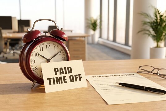 Paid time off concept: red vintage alarm clock with a wooden PAID TIME OFF sign on an office desk with documents, glasses and a pen during a vacation planning morning in a bright workplace

