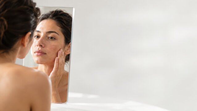 Woman examining face skin condition in mirror touching cheek with hand indoors natural light