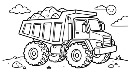 Dump truck coloring page vector line art illustration for kids, heavy construction vehicle outline drawing, cute tipper lorry black and white artwork © Samina