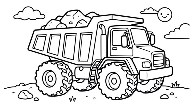 Dump truck coloring page vector line art illustration for kids, heavy construction vehicle outline drawing, cute tipper lorry black and white artwork