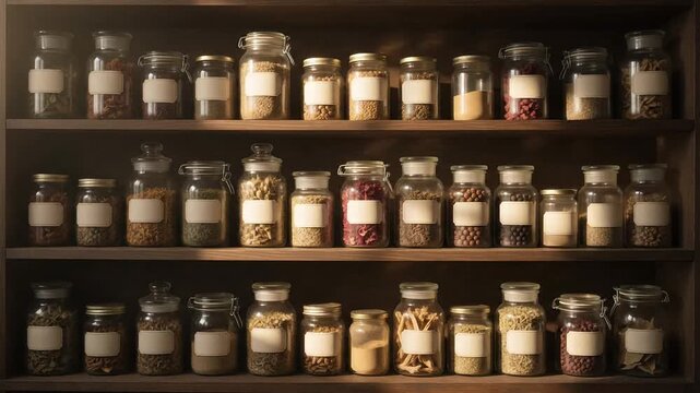 Vintage wooden pantry shelves with spice jars and blank labels background, ai generated