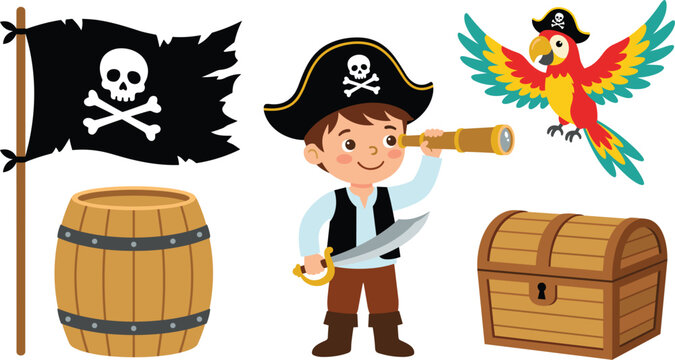Cute pirate adventure illustration collection featuring young pirate, skull flag, colorful parrot, treasure chest, wooden barrel, telescope and sword