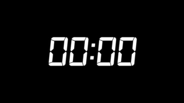 Digital countdown timer clock with white led glowing numbers on black background, for broadcast and motion