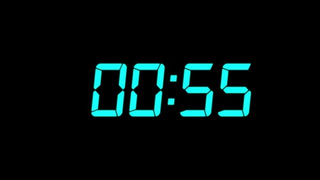 Digital countdown timer with cyan glowing led numbers on black background, for time management, and event transitions