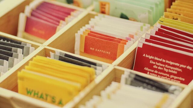 Close up of hand selecting a no caffeine tea bag from a wooden tea box