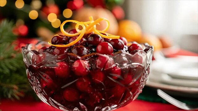 Cranberry sauce topped with orange zest in a crystal bowl on a Christmas dinner table. Holiday side dish. Festive seasonal food styling. Christmas meal and entertaining.