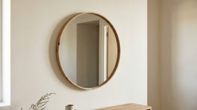 Minimalist round wooden wall mirror mounted on a neutral beige interior wall, stylish circular home decor piece reflecting a hallway in a modern scandinavian living room design.
