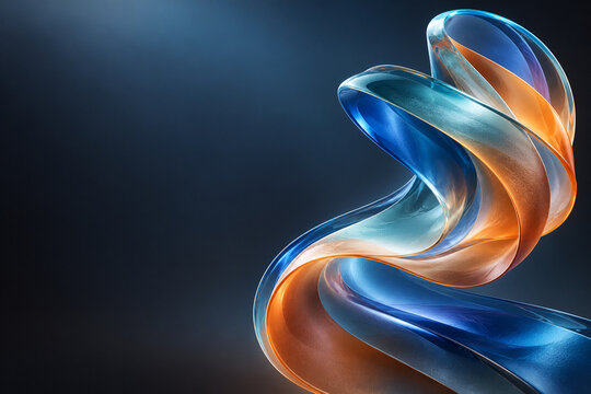 Luminous blue and orange glass ribbon abstract background with copy space