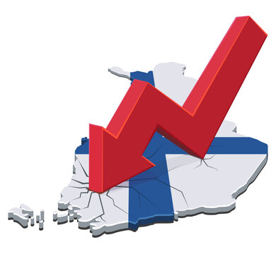 3D illustration symbolizing Finnish economic recession, financial crisis, market decline, and inflation with a red downward arrow on the map of Finland (cut out)