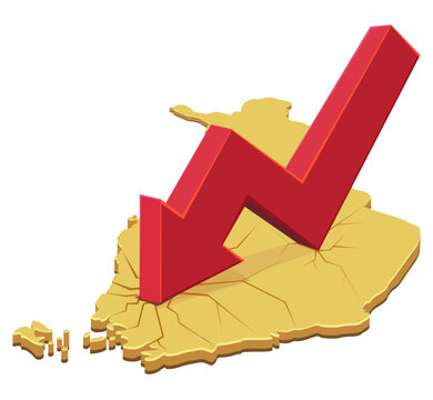 3D illustration symbolizing Finnish economic recession, financial crisis, market decline, and inflation with a red downward arrow on a golden map (cut out)