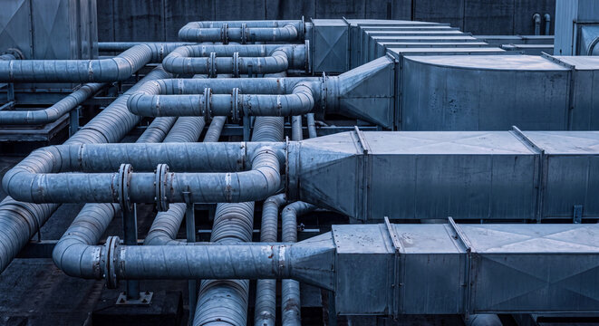  Industrial rooftop ductwork photo with galvanized pipes flanges and ventilation ducts
