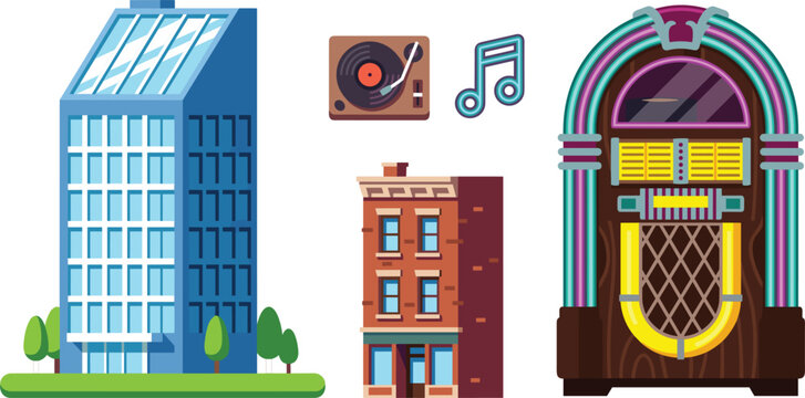 Retro Jukebox and City Buildings Vector Set Featuring Vintage Record Player, Music Notes, Modern High Rise Skyscraper, and Classic Apartment Architecture Graphics
