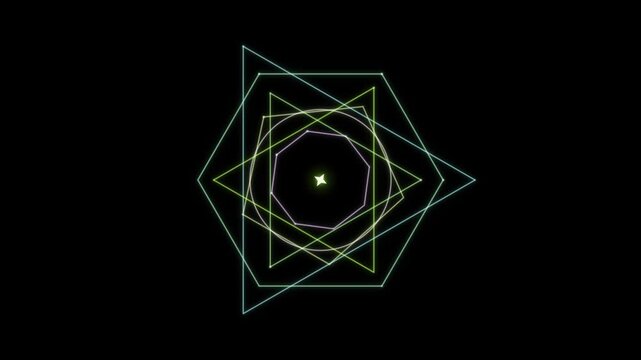 Rotating neon geometric shapes create a colorful looping pattern on a dark background.