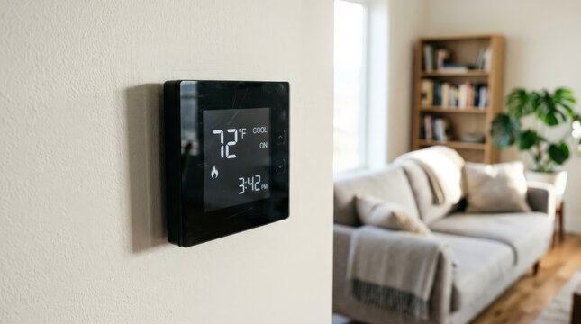 A sleek modern smart thermostat mounted on a beige wall in a brightly lit living room with a couch and bookshelf, showing seventy two degrees temperature and time three forty two pm