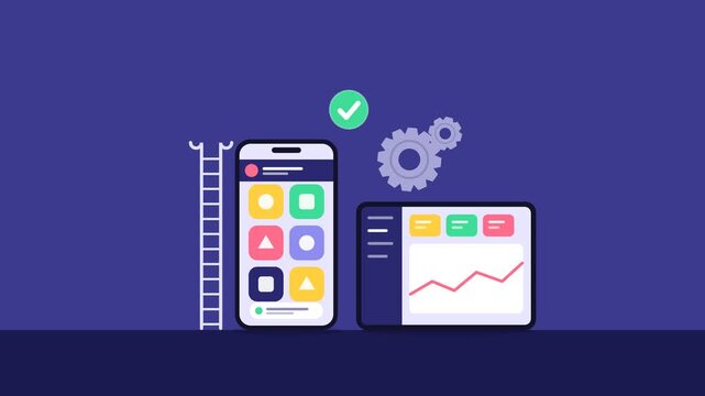 Flat vector illustration of mobile development and data analytics
