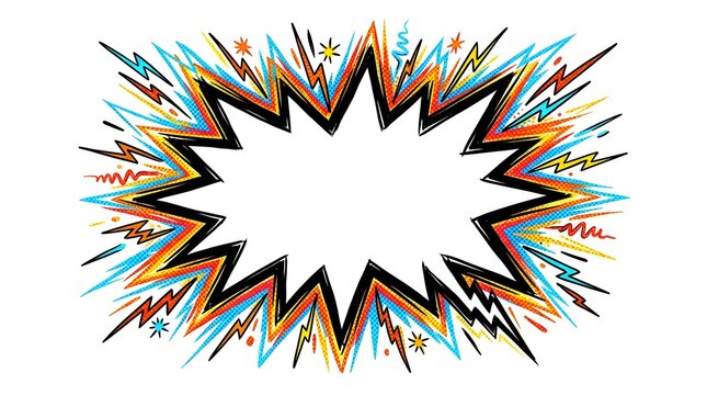 Explosion speech bubble featuring multicolored lightning accents and a blank center space for custom text.