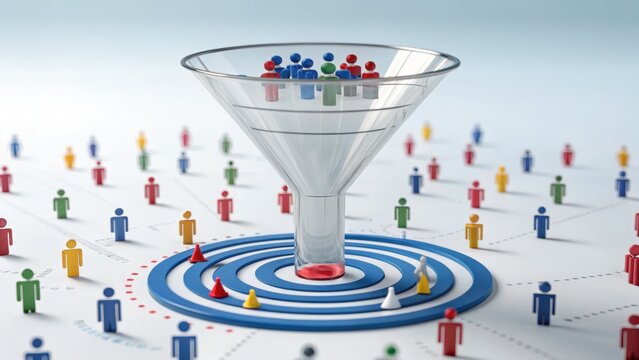 personalized customer experience. A funnel funnels diverse colorful human icons into a central red target on a networked white surface.