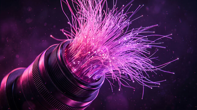 Fiber optic cables emitting colorful light in digital technology visualization