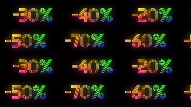 Black Friday sale promotion background pattern with scrolling rainbow neon minus percentage discounts, 4K loop for marketing and advertising