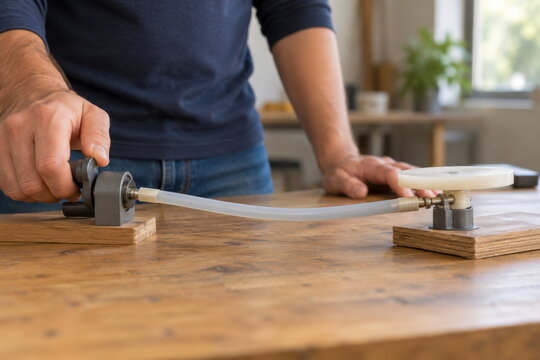 Flexible shaft transfers manual rotation to a small disc test rig