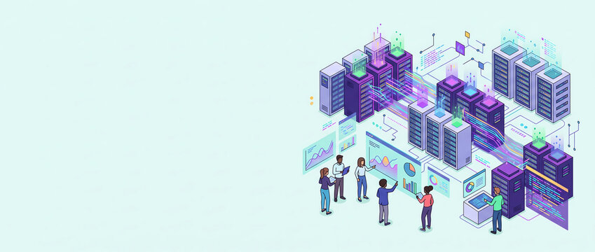 Isometric illustration of diverse IT team analyzing big data dashboard in a glowing data center
