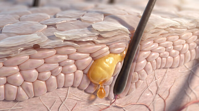 Medical depiction of sebum secretion through skin pore with tool