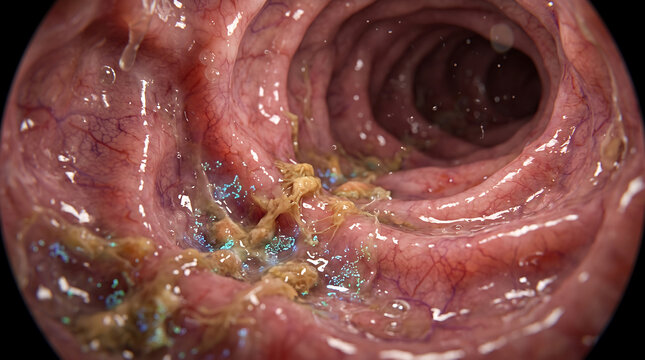Medical endoscopic view showing colon polyps and internal tissue growth