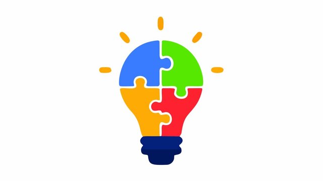 Flat light bulb made of four colorful jigsaw puzzle pieces on a clean white background. The pieces drift apart, hover and then snap back together with a satisfying click, and the moment the puzzle is