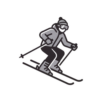 This flat vector icon depicts a skier in winter gear performing a downhill descent with poles and goggles, suitable for sports and travel design.