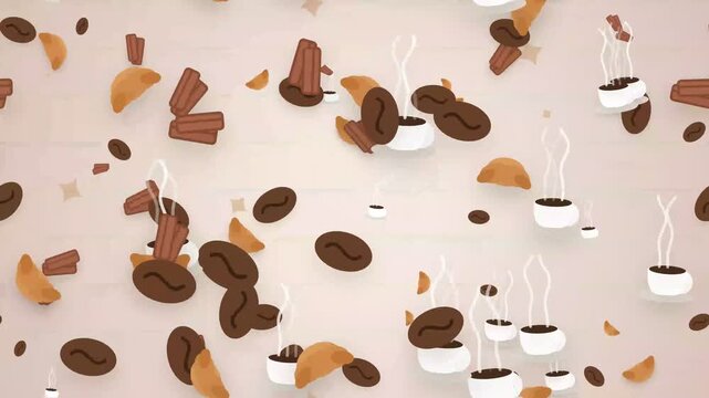 Seamless Pattern of Falling Coffee Cups Beans and Pastries
