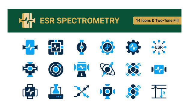 Set of 14 esr spectrometry icons in twotone fill style
