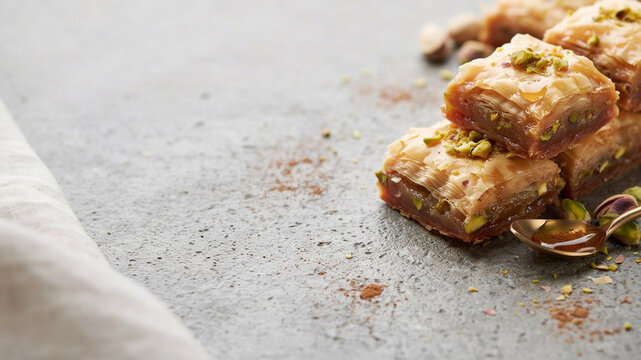 Traditional Turkish baklava with pistachios, sweet honey phyllo pastry dessert, middle eastern gourmet treats on grey stone background