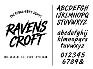 Ravens Croft Distressed Hand-Drawn Brush Script Typeface: Gritty Alphabet, Numbers, and Symbols for Streetwear and Logo Design © isti