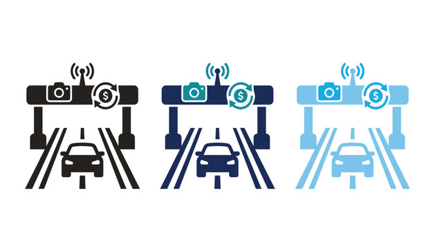 Set of electronic toll collection system vector icons, automated highway toll booths with cars, cameras, and payment symbols