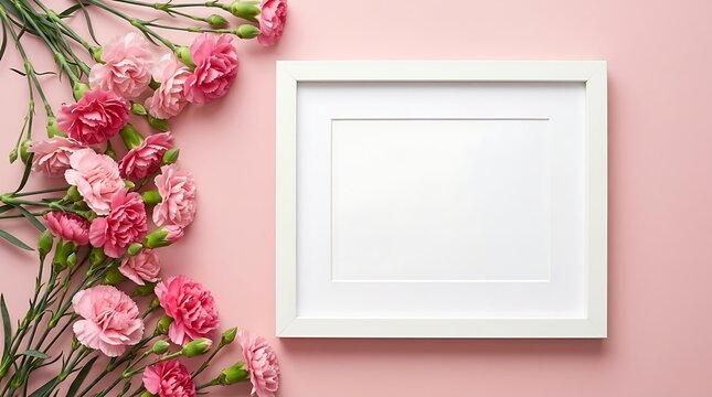Empty white picture frame decorated with fresh pink carnation flowers on a soft pink background