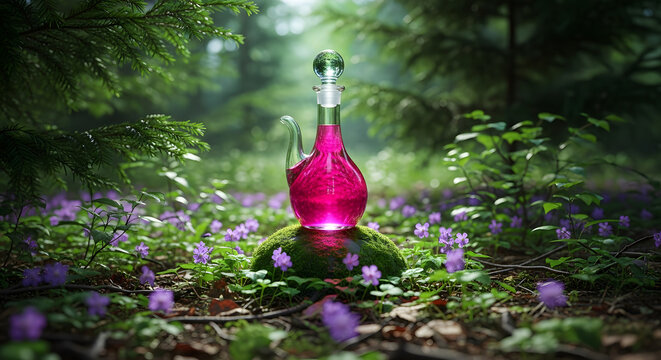 Magical potion bottle in forest clearing