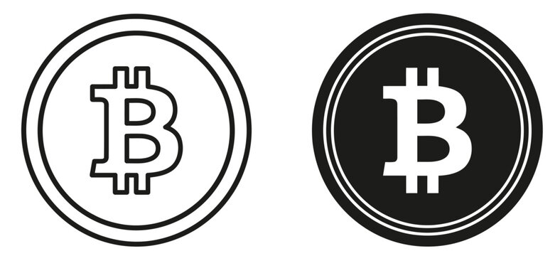 Minimalist bitcoin icon vector set, cryptocurrency coin symbol graphics, black and white digital currency line art for finance apps