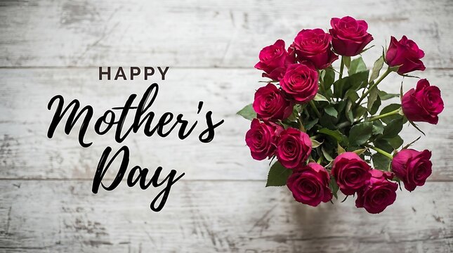 Happy Mothers Day greeting card with a beautiful bouquet of fresh red roses on a rustic white wooden background