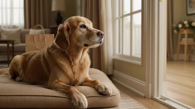 Golden retriever resting on a padded pet bed beside a glass door for pet comfort retail advertising