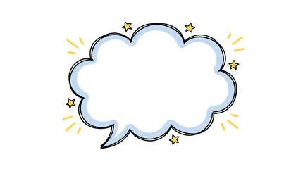 Fototapeta premium Hand-drawn cartoon speech bubble with light blue outline, black sketchy border, and sparkling yellow stars on a white background.