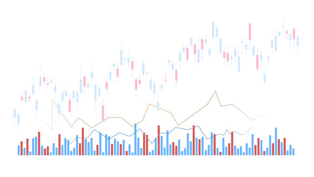 Stock market candlestick chart with trading volume, Colorful candlestick stock chart with trading volume bars on a transparent background, market price movement, growth, decline and financial analysis