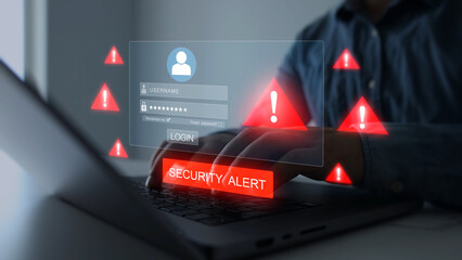 Cybersecurity alert notification.Protect profiles from hacks. Strong passwords, MFA, and monitoring prevent cyber attacks, credential theft and unauthorized access.   © Mer_Studio