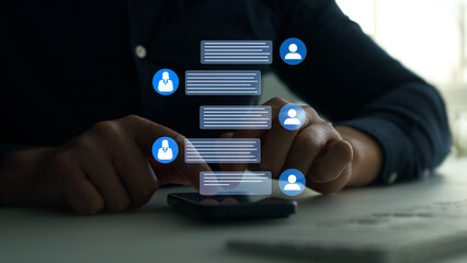 Naklejka na ściany i meble Online chat communication concept with text messages, emoji reactions, likes and comments. Social interaction between users through instant messaging, engagement and digital conversation on mobile