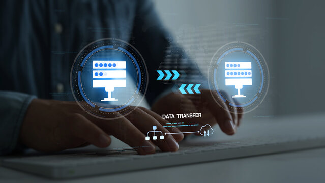 Digital data server transfer security concept showing global information exchange, cloud storage, secure access, cybersecurity, servers and connected technology.
